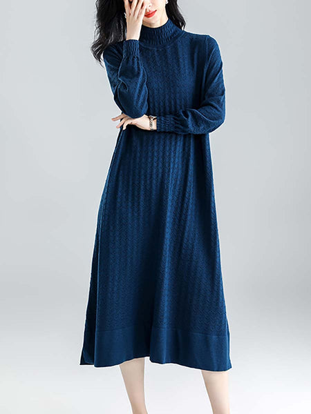女性の冬ニットハーフハイカラールーズドレス