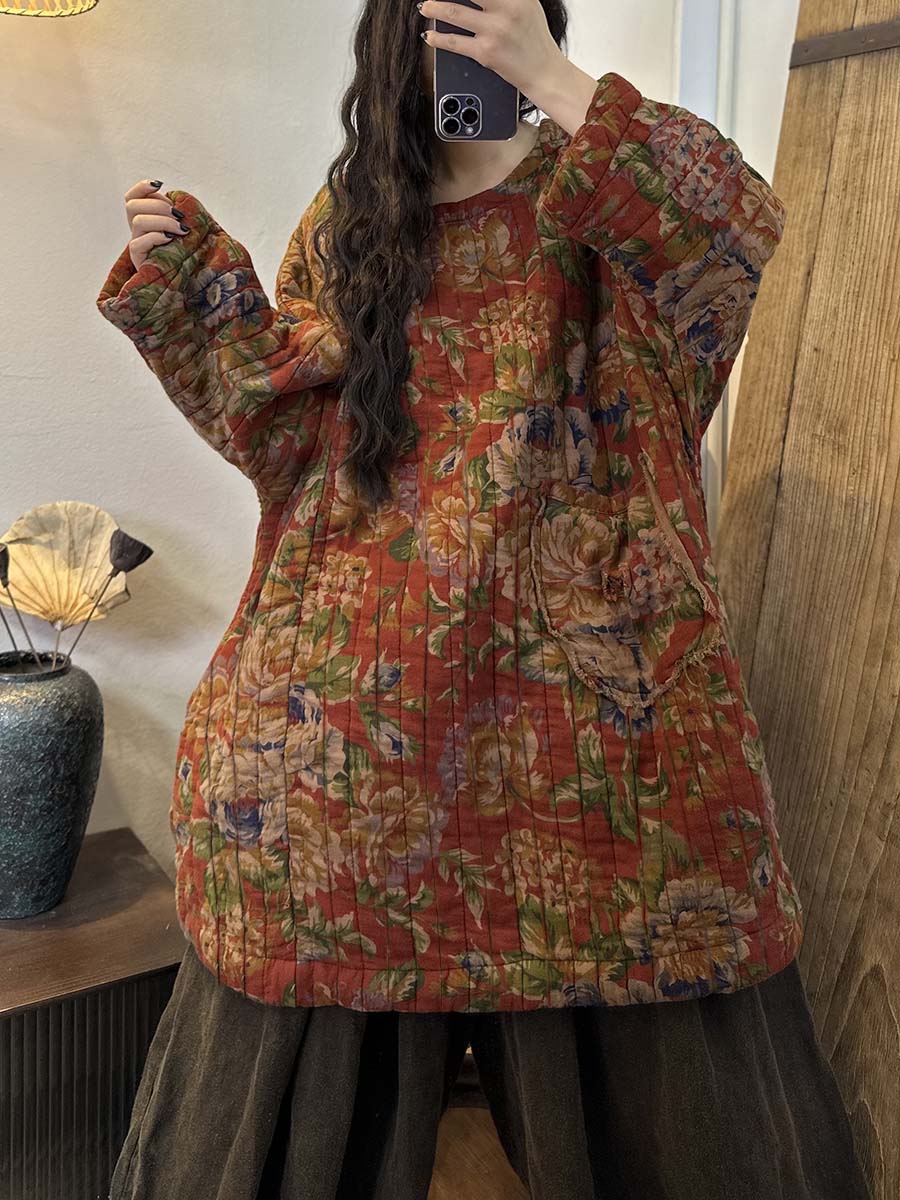 プラスサイズの女性の冬のエスニック花柄ポケットルーズウォームコート