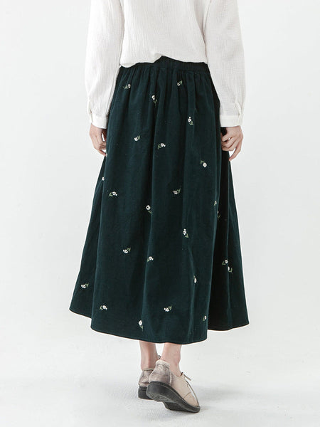 プラスサイズのコットンポケット花柄弾性ウエスト刺繍スカート