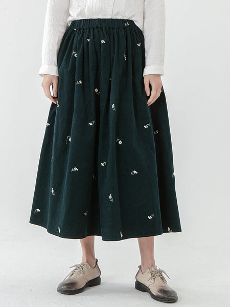 プラスサイズのコットンポケット花柄弾性ウエスト刺繍スカート