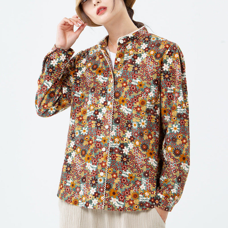 PLUS Size - Floral Breasted Stand Collar Long Sleeve Shirt