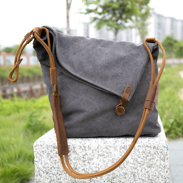 Women Canvas Leather Crossbody Bag, 12.99"(L)x15.35"(H) x 3.54"(W) (Gray/Blue/Khaki) - Buykud