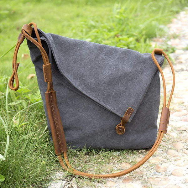 Women Canvas Leather Crossbody Bag, 12.99"(L)x15.35"(H) x 3.54"(W) (Gray/Blue/Khaki) - Buykud