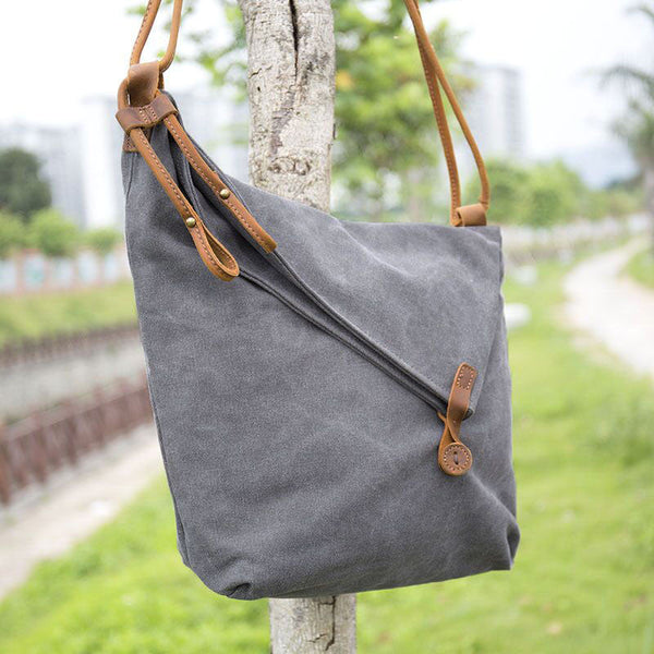 Women Canvas Leather Crossbody Bag, 12.99"(L)x15.35"(H) x 3.54"(W) (Gray/Blue/Khaki) - Buykud