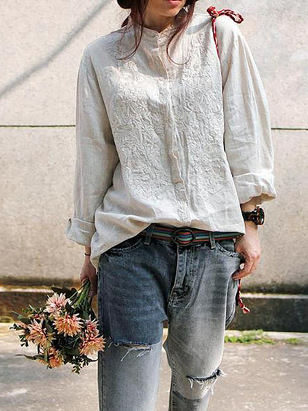 プラスサイズ - 女性レトロ刺繍ルーズ 100% リネンシャツ