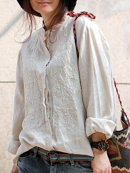 プラスサイズ - 女性レトロ刺繍ルーズ 100% リネンシャツ