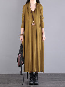 女性長袖ルーズ V ネックフェイクツーピースドレス