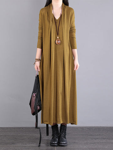女性長袖ルーズ V ネックフェイクツーピースドレス