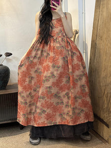 女性夏の芸術的な花柄プリーツルーズベストドレス