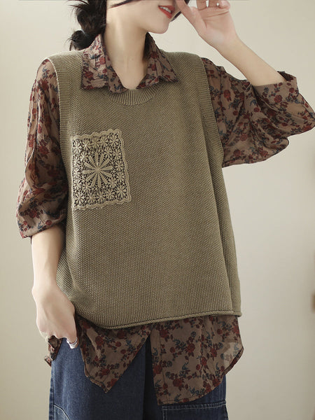 女性カジュアルニット刺繍パッチベスト