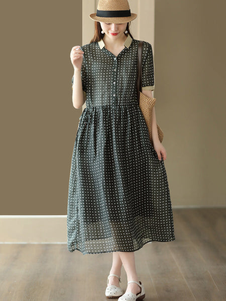 女性の夏のドット芸術的な巾着ルーズリネンドレス
