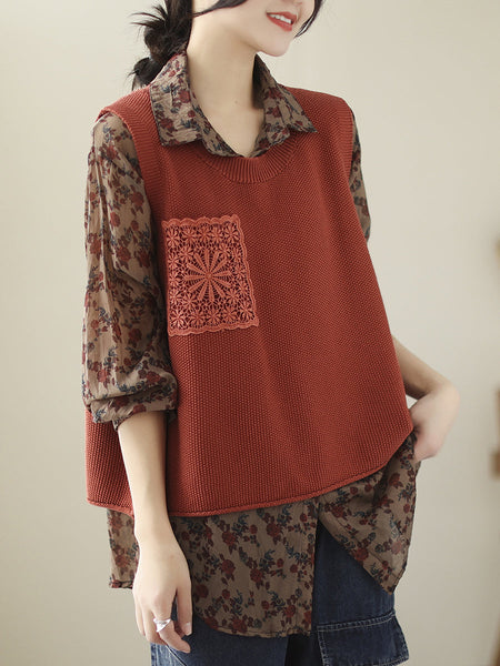 女性カジュアルニット刺繍パッチベスト