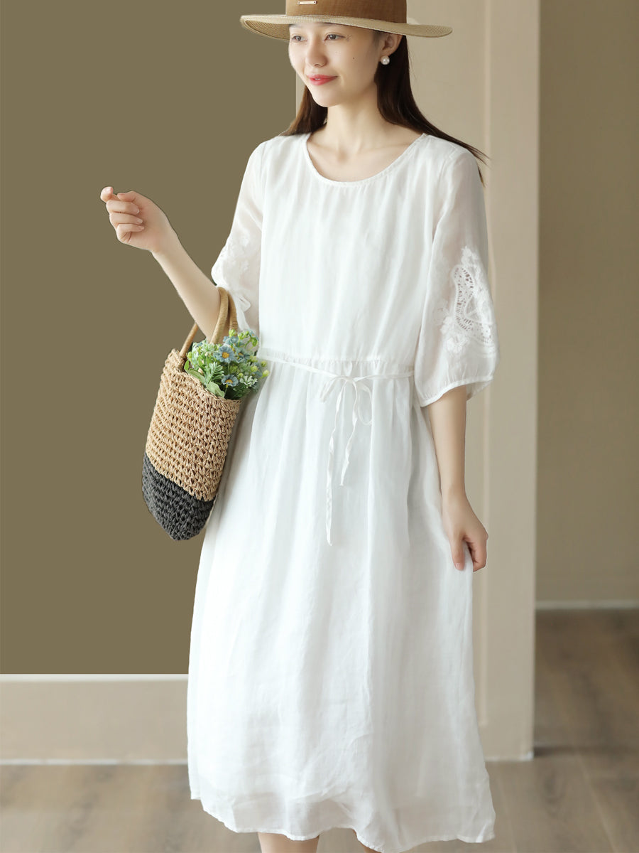 女性の夏のソリッド巾着刺繍ポケット二層ドレス