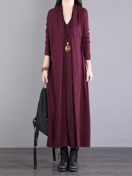 女性長袖ルーズ V ネックフェイクツーピースドレス