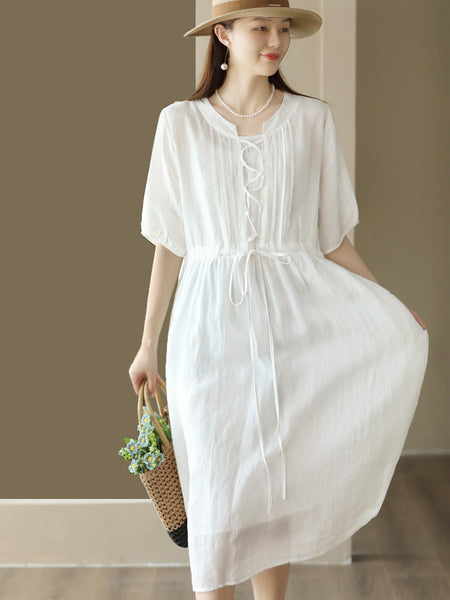 女性の夏の巾着ドレープ固体ルーズラミードレス