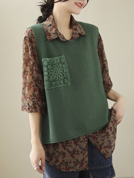 女性カジュアルニット刺繍パッチベスト