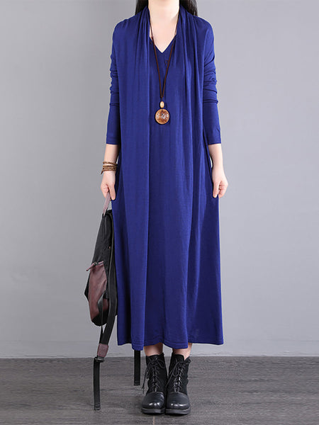 女性長袖ルーズ V ネックフェイクツーピースドレス