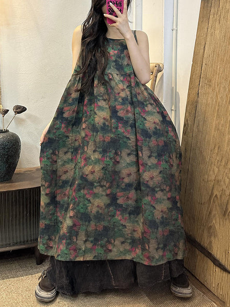 女性夏の芸術的な花柄プリーツルーズベストドレス