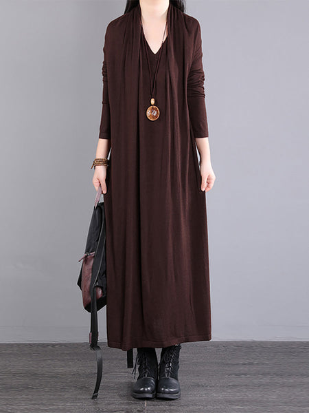 女性長袖ルーズ V ネックフェイクツーピースドレス