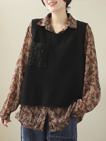女性カジュアルニット刺繍パッチベスト