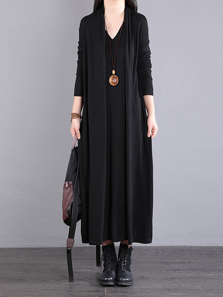 女性長袖ルーズ V ネックフェイクツーピースドレス
