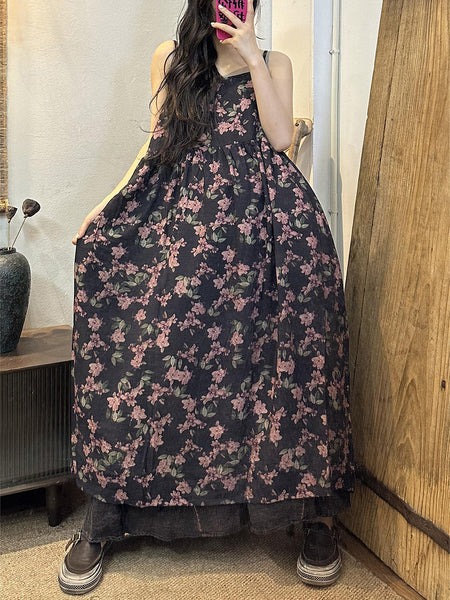 女性夏の芸術的な花柄プリーツルーズベストドレス
