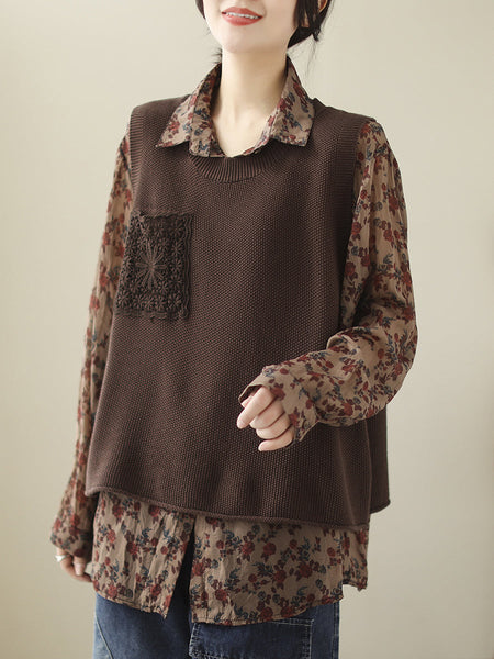 女性カジュアルニット刺繍パッチベスト