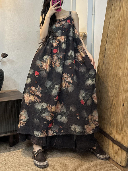 女性夏の芸術的な花柄プリーツルーズベストドレス