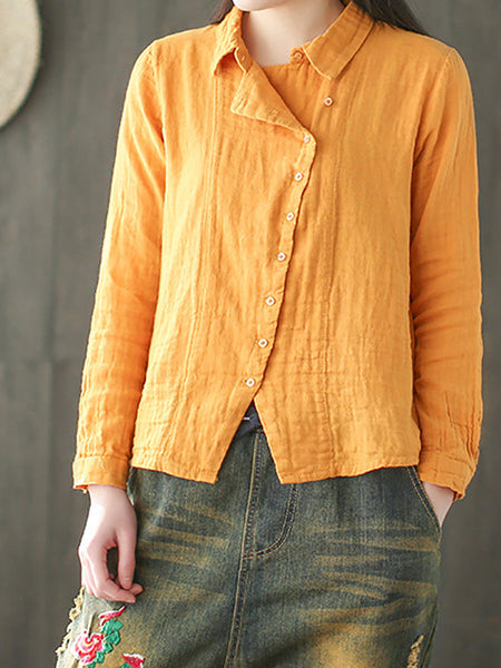 プラスサイズ - レトロなソリッドカラーの長袖綿 100% シャツ