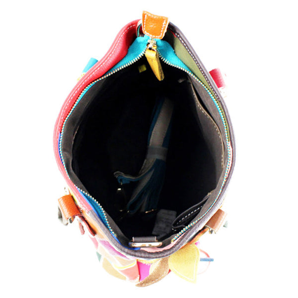 女性カラーコントラストレザーフラワーハンドバッグ