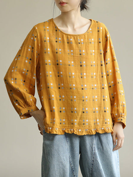プラスサイズ - レディース ルーズ チェック柄 ベニテングタケ コットン リネン レース Tシャツ
