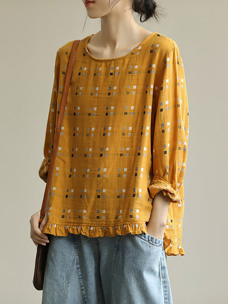プラスサイズ - レディース ルーズ チェック柄 ベニテングタケ コットン リネン レース Tシャツ