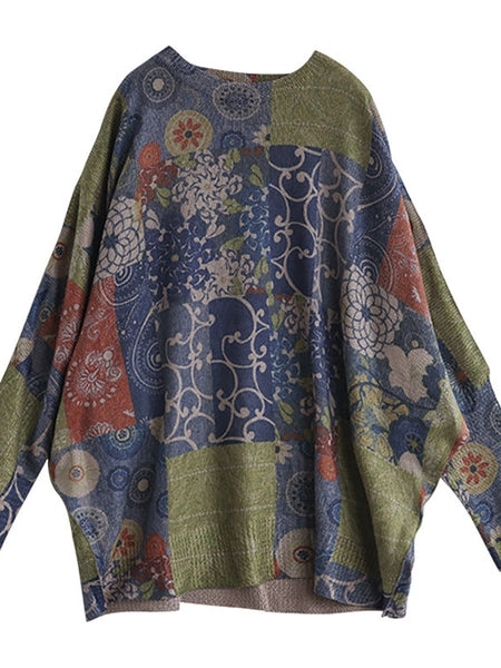 プラスサイズの女性ニット花柄プリント長袖セーター