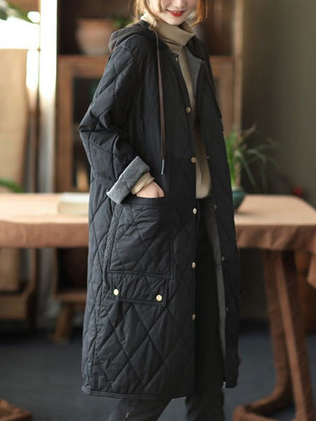 女性の冬のフード付きミッドレングスパッド入りコート