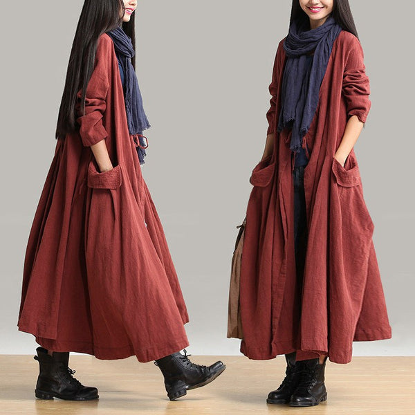 Women cotton linen loose fitting winter long coat - Buykud