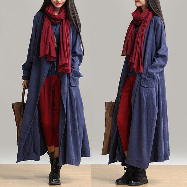 Women cotton linen loose fitting winter long coat - Buykud
