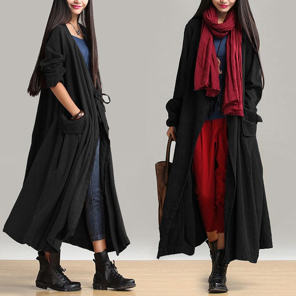 Women cotton linen loose fitting winter long coat - Buykud