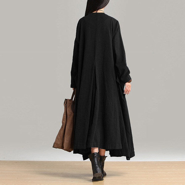 Women cotton linen loose fitting winter long coat - Buykud