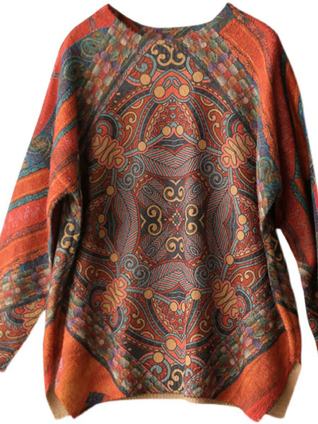 プラスサイズ - 女性ヴィンテージプリント O ネック長袖セーター