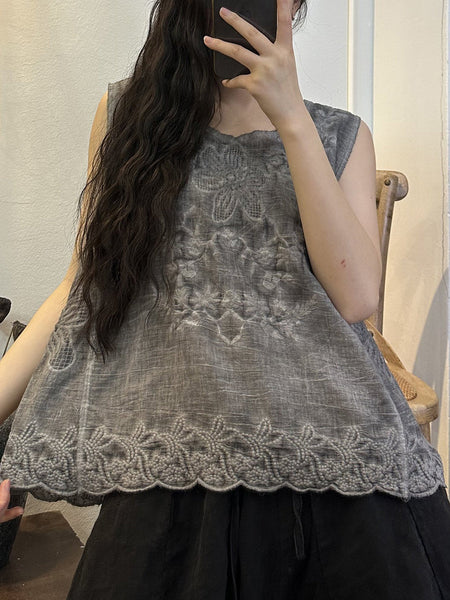 女性夏のヴィンテージ刺繍リップル裾ベスト